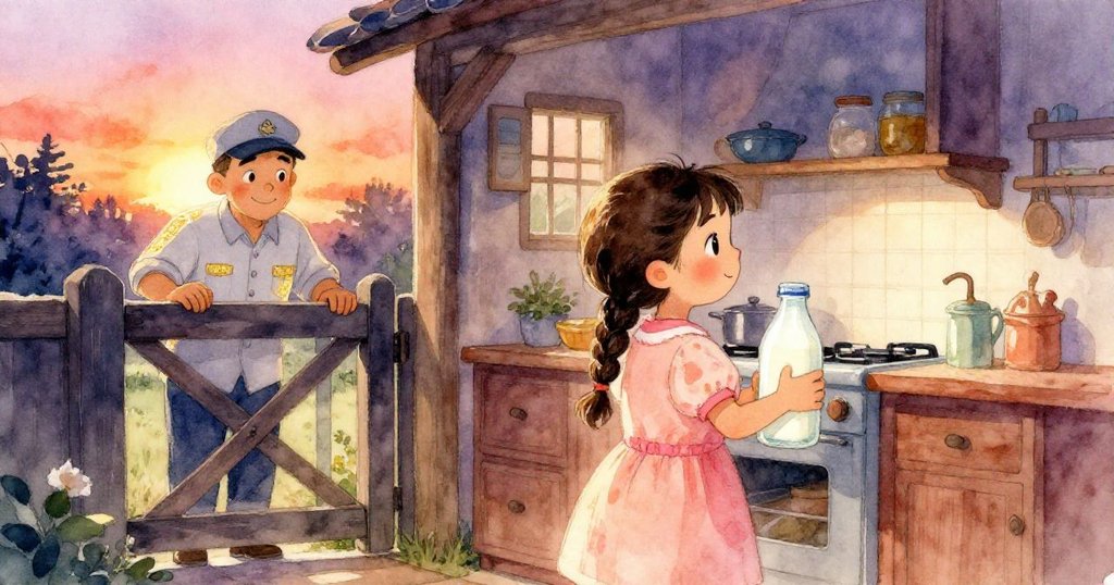 Lena帶著牛奶瓶進入溫馨廚房,室內光線柔和,外面奶送員面帶微笑守候,整體氛圍恢復安寧。