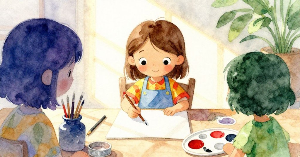 Mia 坐在桌旁準備繪畫，陽光灑落在室內，表情平靜充滿期待，桌上擺滿繪畫工具與空白紙張。