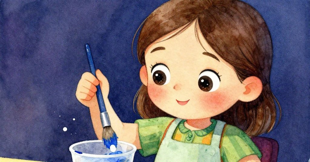 Mia舉起藍色畫筆專注創作，眼神充滿靈感與好奇，藍白色油彩在杯中微光閃爍。