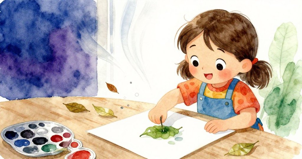 微風輕拂下葉子飄落桌面，Mia用溼葉點染紙上，動感中創造出閃亮橙月，充滿活力與奇思。