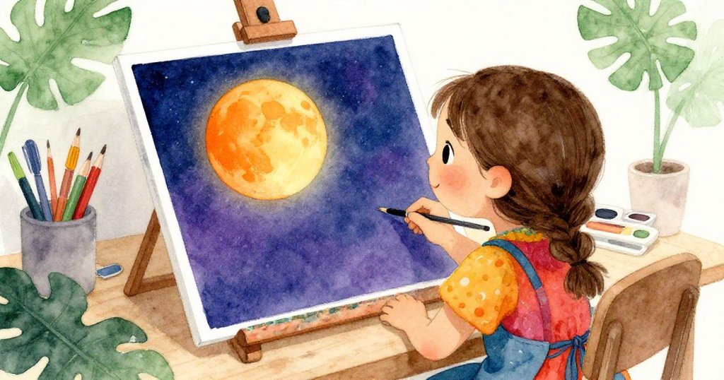 Mia站在整潔桌旁欣賞完成的畫作，紙上橙色月亮閃耀溫柔光芒，寧靜氣氛中展現創作成功喜悅。