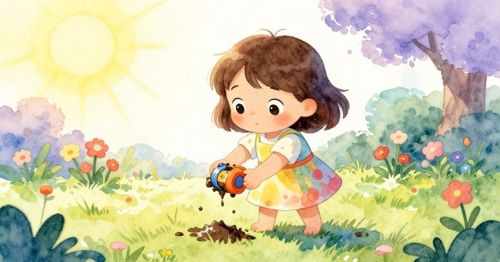 Mia在陽光庭院中輕柔舉起沾滿泥土的玩具，表情專注且溫暖，故事開始展開冒險。