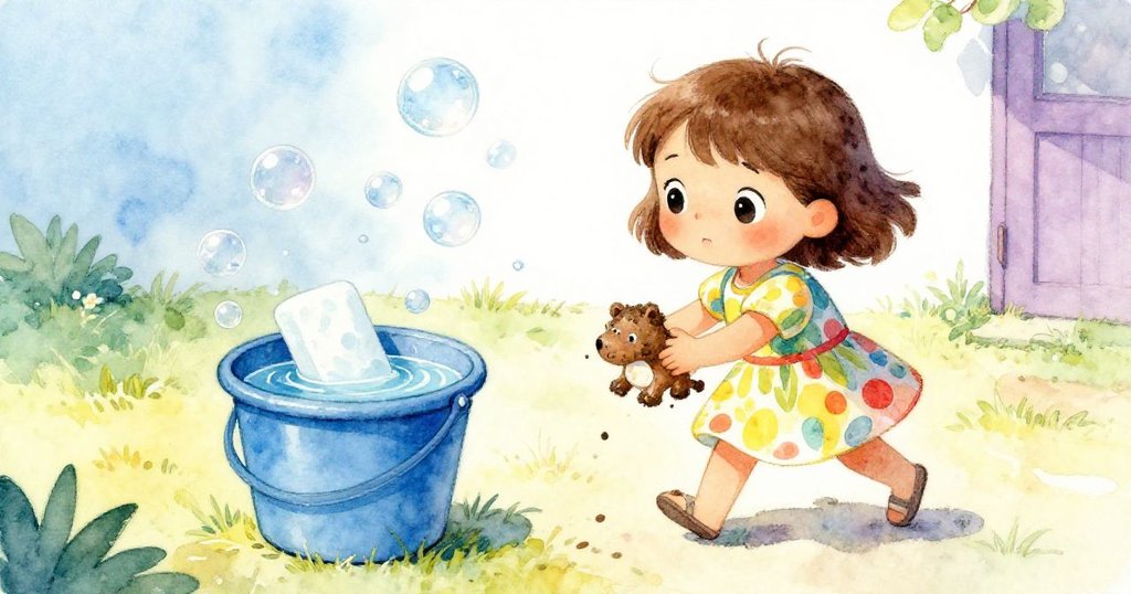 Mia走出室外，小心捧著泥土玩具，藍色水桶旁清水流動，肥皂滑出泡泡，充滿活力冒險。