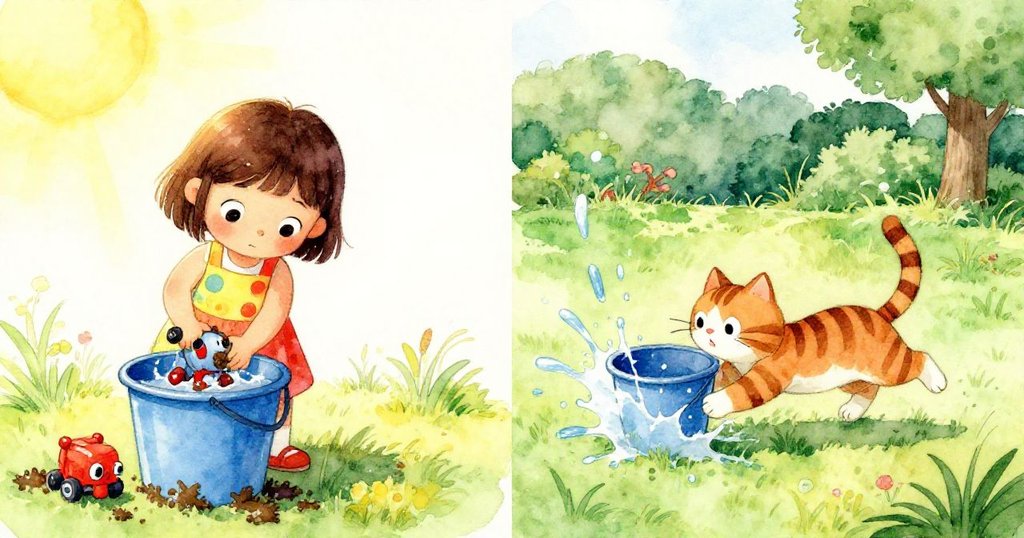 Mia正開始清洗玩具與條紋貓急速穿過庭院，尾巴輕撞藍桶，水花四濺，分格畫面展現動感情節。