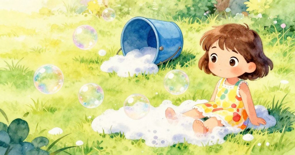 庭院中青翠草地上泡沫與水花堆疊，夏日光影灑滿場景，藍桶微側，展現活潑季節感受。