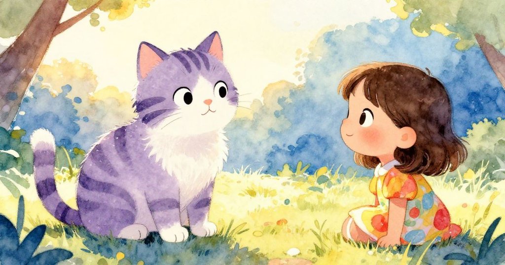 條紋貓坐姿平靜毛髮閃耀，Mia在後方溫柔注視，黃昏光影裡展現意外快樂，結局充滿溫馨意涵。