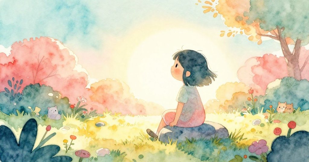 在清晨花園中，莉娜坐在低石上握著短鉛筆，剪影清晰展現期待與平靜心情，充滿溫暖晨光。