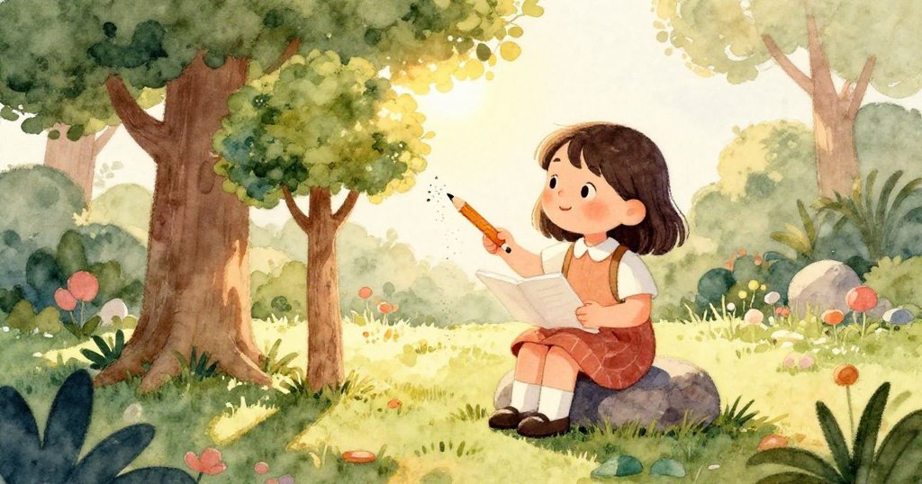 莉娜聚精會神地用鉛筆在紙上繪製樹形，細緻的手部動作和樹的初稿展現出夢想與用心創作。