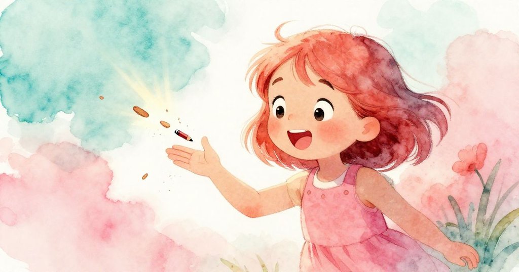 鉛筆尖突然斷裂，木屑輕落莉娜手上，她驚訝的眼神與動作在明亮花園中展現出意外與好奇。