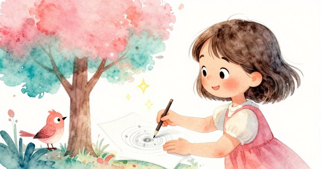 莉娜輕觸紙面，鉛筆繪出的樹閃耀著星點，一隻小鳥飛近欣賞，場面充滿溫柔魔法與親切互動。