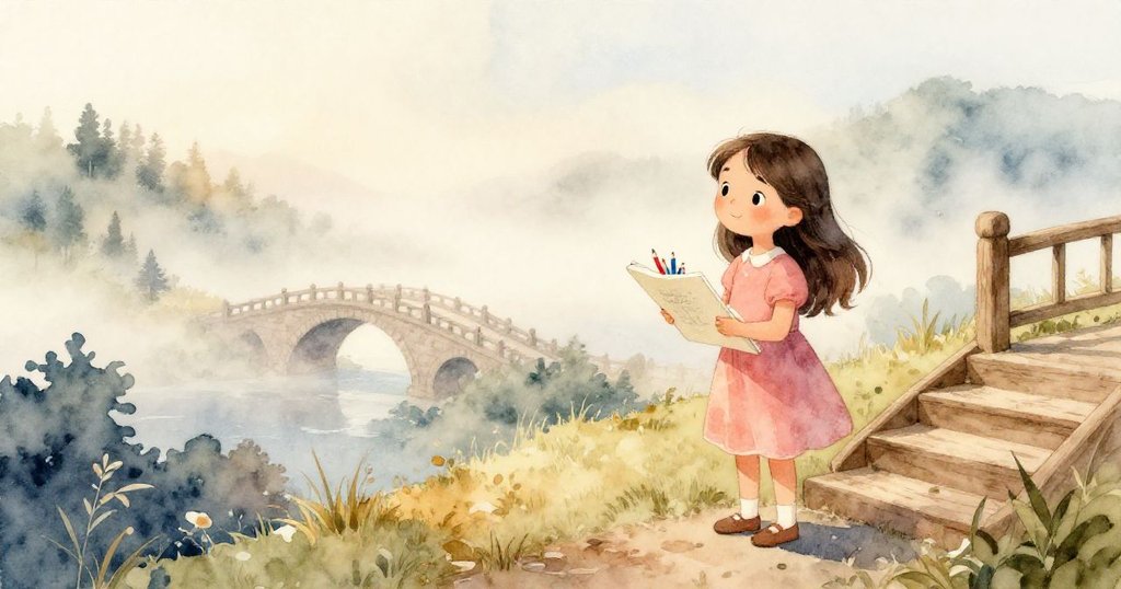 愛莉絲在柔和晨光中拿著畫冊與彩色鉛筆走上山頂，背景有木製階梯、欄杆及遠處石橋，臉上充滿期待。