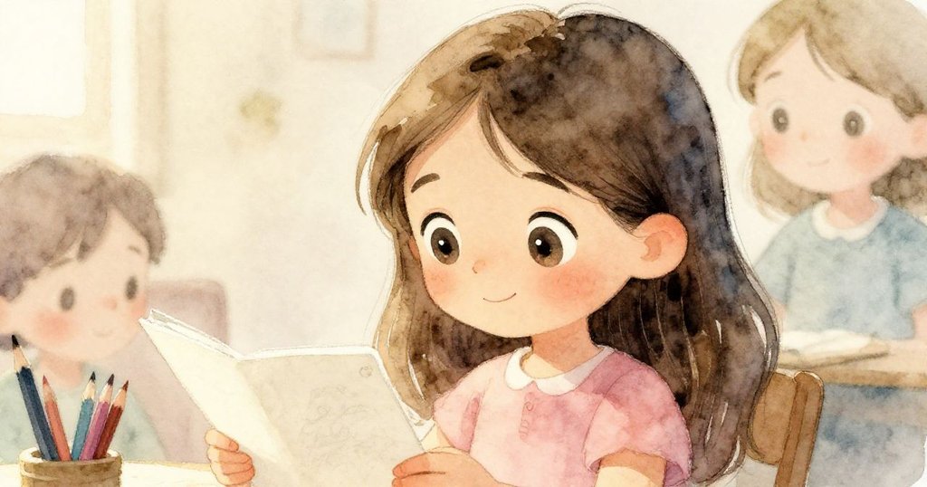 愛莉絲專注的眼睛近照，她手持畫冊和彩鉛，臉上流露出期待與好奇的情緒，背景暗示山頂風景。