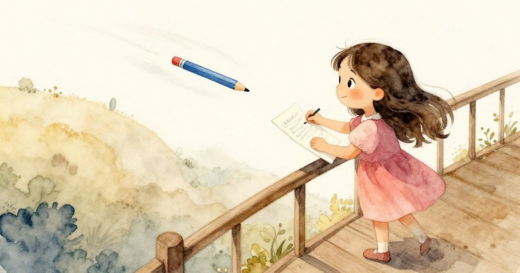 從高空俯瞰愛莉絲在欄杆上擺放畫冊，柔和朝陽照耀下藍色鉛筆隨風旋轉，營造山頂溫馨氛圍。