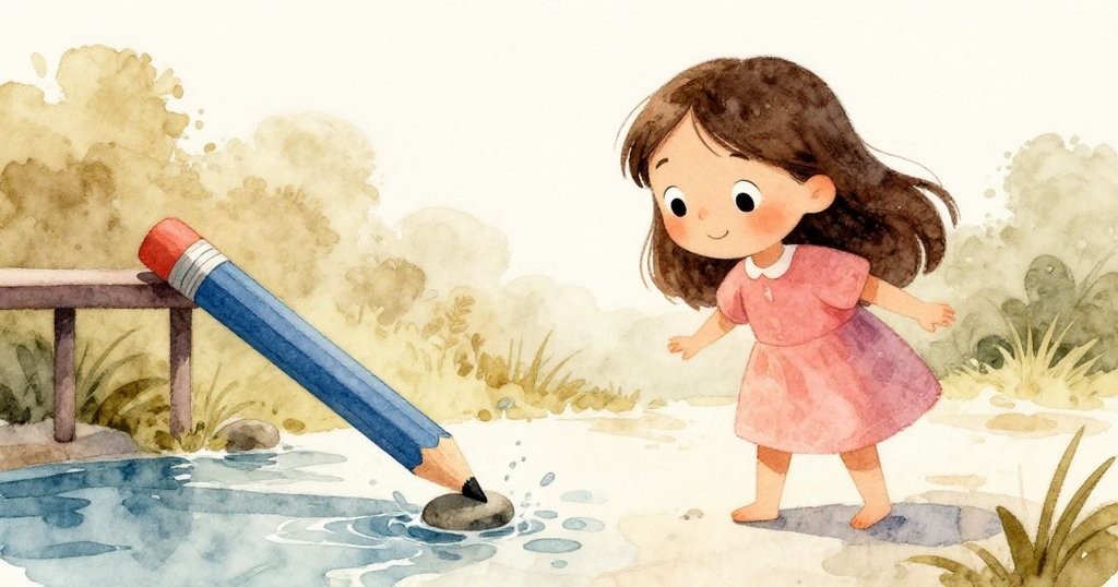 愛莉絲的畫冊上因藍色鉛筆意外滾落碰撞石子濺起水花，畫面展示筆與流水動態，情景生動有趣。