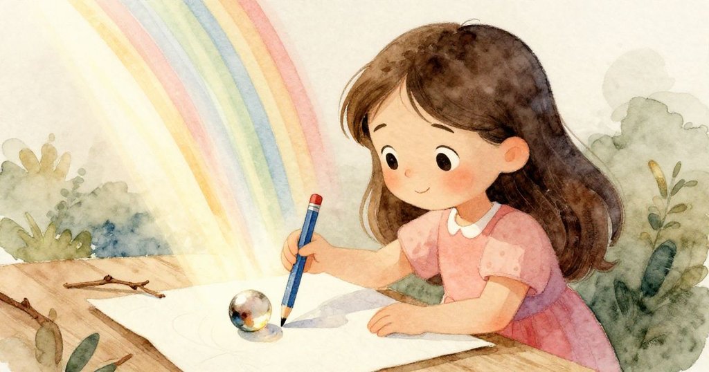 愛莉絲用樹枝撿起藍色鉛筆並意外發現一顆小玻璃珠，陽光透過玻璃珠映出彩虹，臉上流露驚喜。