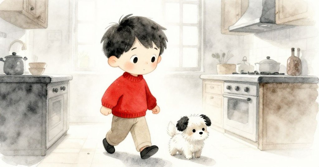 Sam正在廚房內準備出門散步，Bella興奮依偎在旁，窗外晨霧輕繚，氛圍溫馨期待。