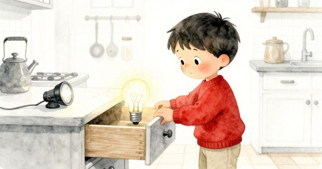 Sam打開抽屜尋找新燈泡，廚房柔和光線映照專注神情，桌上擺著舊手電筒增添故事細節。