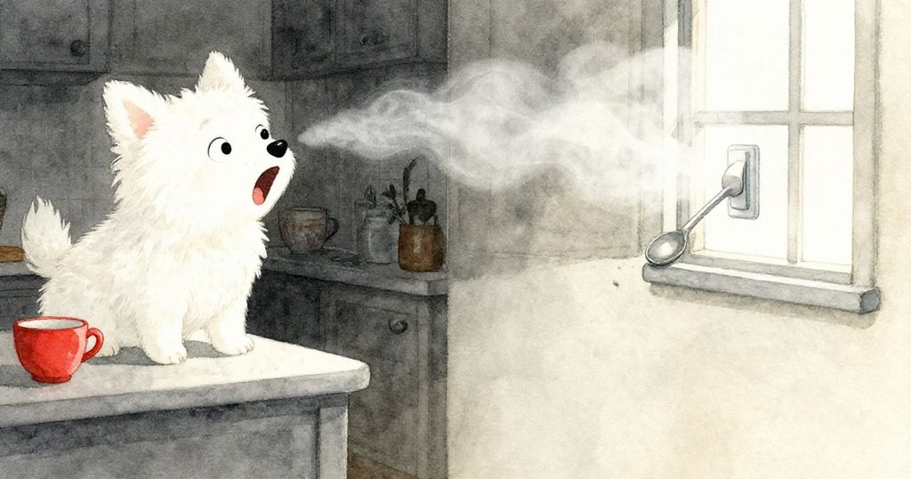 湯匙觸動燈開關導致廚房瞬間黑暗，Bella因突發情勢驚叫，冷風吹入窗外，氛圍略顯緊張。