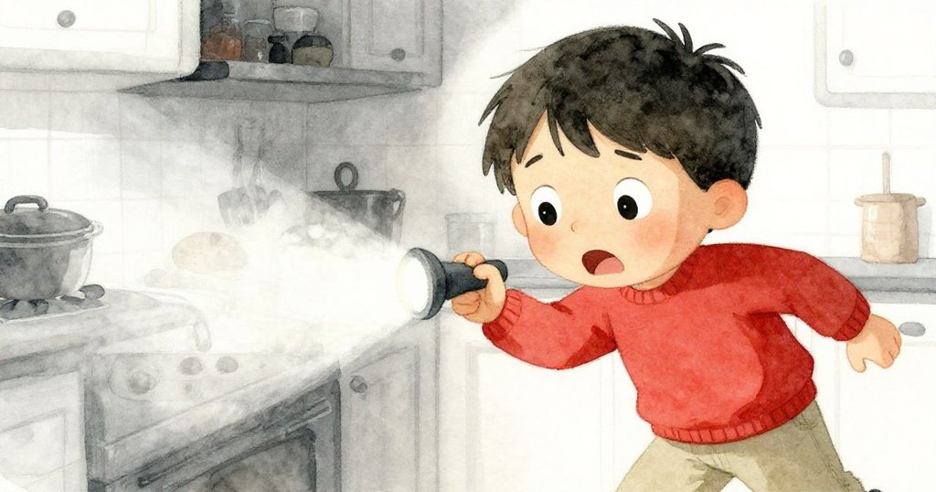 Sam在黑暗中急忙操作手電筒，臉上驚訝與希望交織，微光從疲憊燈泡中閃現出救贖之意。