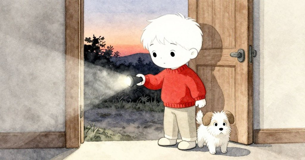 Sam和Bella帶著重修成功的手電筒快樂走向戶外，夕陽映照，木門輕閉，呈現溫馨圓滿結局。