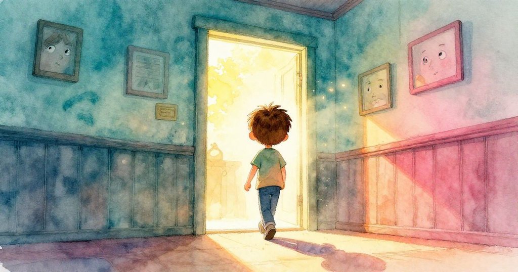 米洛在夕陽光中打開學校俱樂部房間，房間內充滿浮塵，他神情平靜帶點決心，背景明亮溫暖。