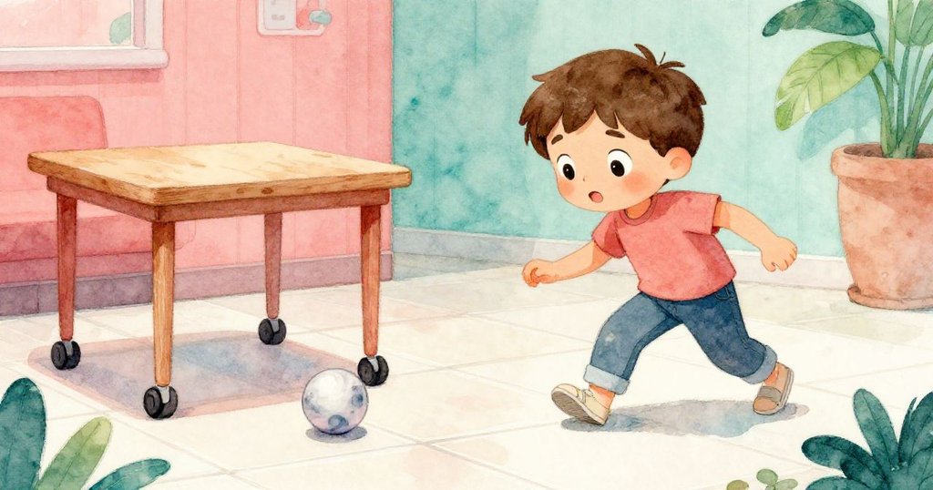 米洛移動帶輪小桌子掃地，他的鞋子和桌子展現動態，隱藏的彈珠開始在地板上快速滾動，房間內細節豐富。