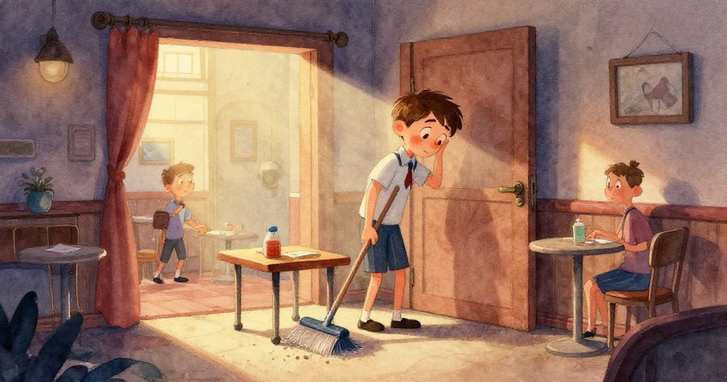 水面近距離鏡頭捕捉地板上閃亮的水痕，彈珠在水面上滑過，光影閃爍呈現寧靜水下世界。