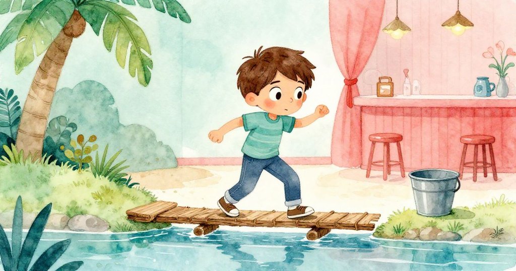 米洛利用兩本乾書搭起狹窄橋樑，小心跨越水痕，臉上充滿專注與決心，水桶靜靜等待。