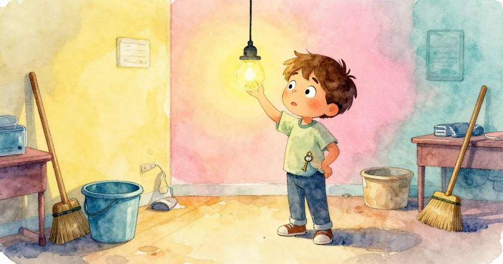 米洛在傍晚安靜的俱樂部房間整理物品，將神秘的鑰匙放入口袋，臉上洋溢著滿足笑容，環境整齊溫馨。