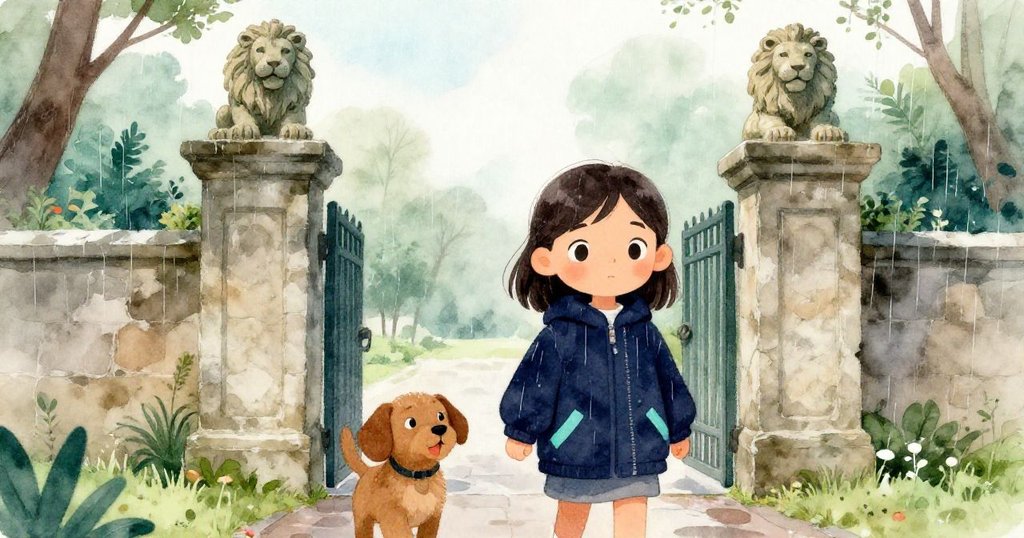 瑪雅穿著深藍外套急步走向古老石門，旁邊守護獅子雕像立著，小狗快活跟隨，情緒充滿期待與動力。