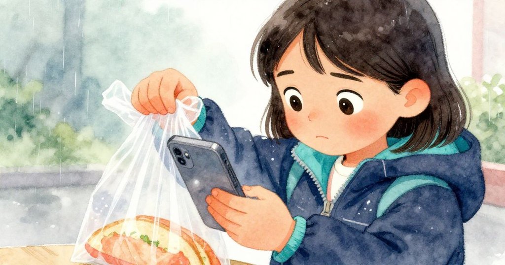 瑪雅專注地用手將手機放入透明三明治袋中，鏡頭捕捉她敏捷保護物品的細膩動作與安心神情。