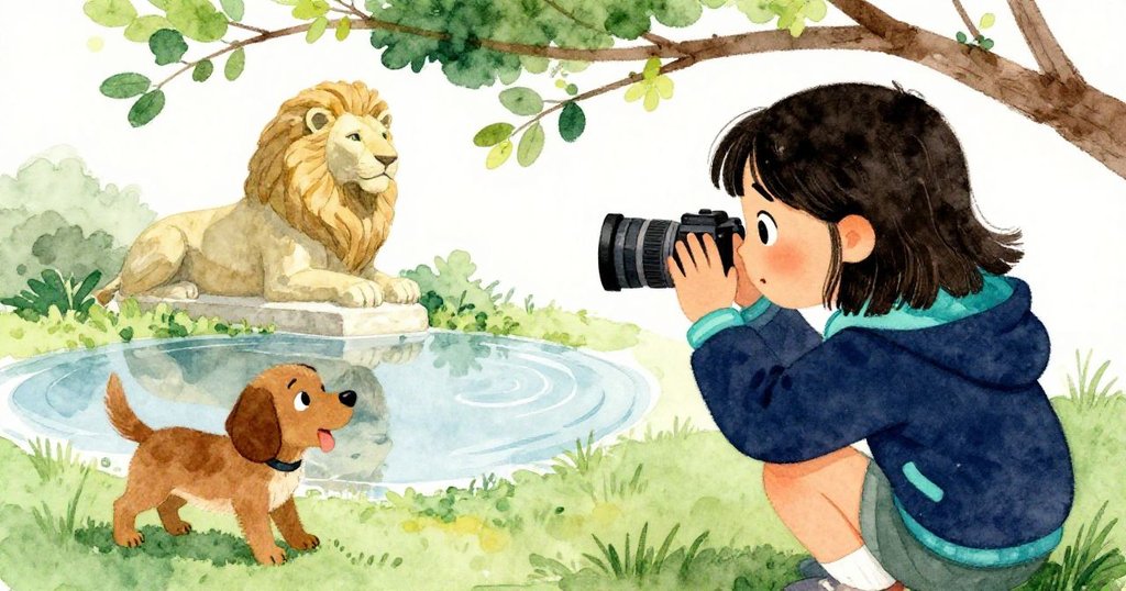 瑪雅蹲在低枝下，用手機捕捉水面上獅子雕像扭曲倒影，小狗活力四射，眼中充滿驚奇與好奇。