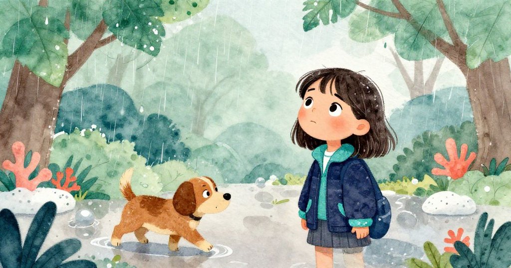 細雨滴落在綠意盎然的樹葉上，瑪雅與小狗在雨中互動，享受大自然溫柔且神秘的雨景，氛圍寧靜。