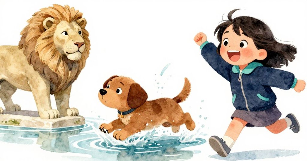 小狗活潑地躍入水坑，引起漣漪讓獅子倒影顯得滑稽，瑪雅大笑著，露出滿足與快樂的情感瞬間。