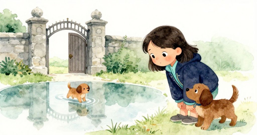 雨過天晴後，瑪雅靜靜欣賞水坑中清晰的石門與小狗搖尾倒影，溫馨告別這充滿奇趣的一刻。