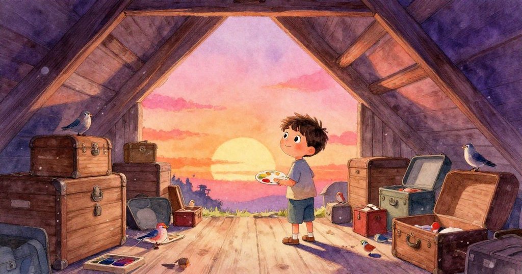 Leo在舊閣樓中忙碌尋找神秘麵粉罐，周圍有箱子、塵埃精靈與小鳥，充滿懷舊情感與期待。