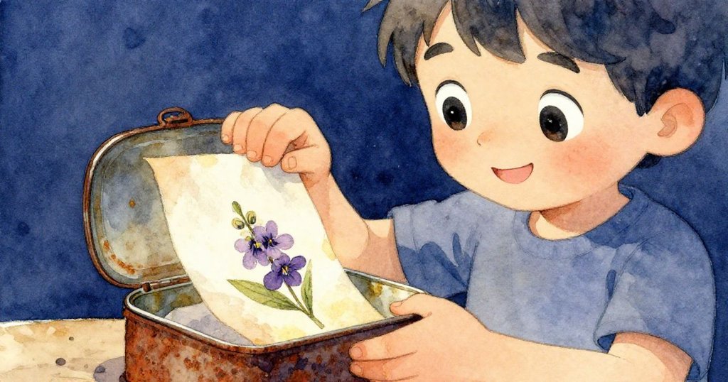 Leo細心打開老舊鐵罐，露出帶有褪色墨跡的紙條與紫羅蘭，象徵著奶奶溫暖回憶。