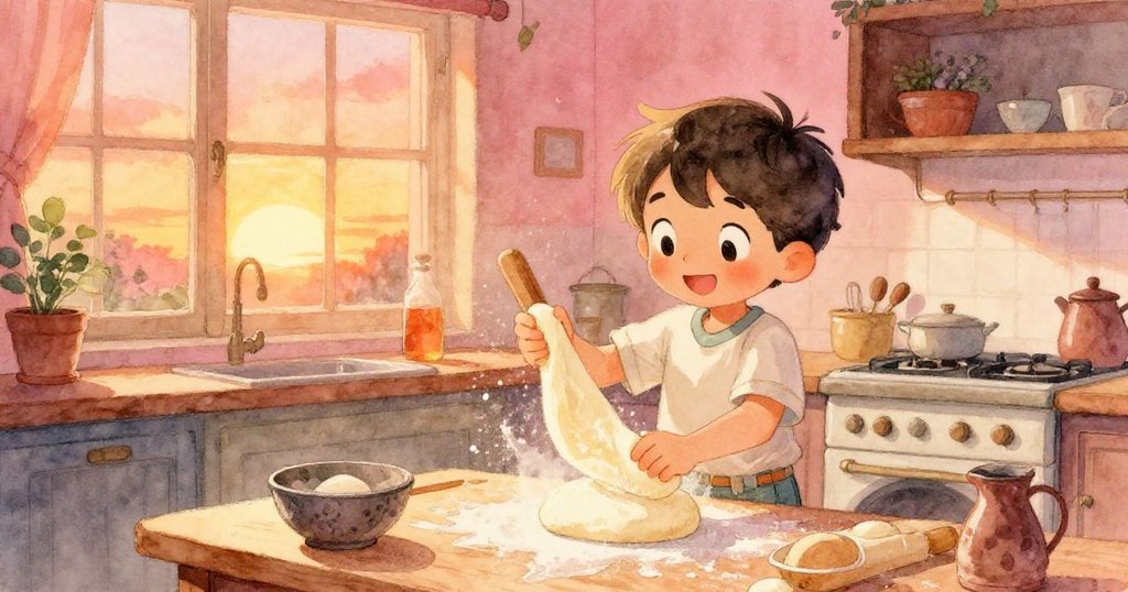 Leo在溫馨廚房中用心攪拌發酵麵團，充滿決心與懷舊情懷，廚房散發金色溫暖光芒。