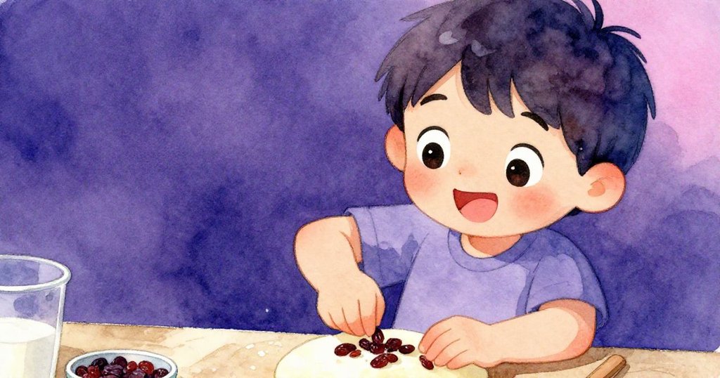 Leo發現缺少的步驟後，臉上流露出驚喜與創意，近距離捕捉他用心攪拌加入葡萄乾的溫暖瞬間。