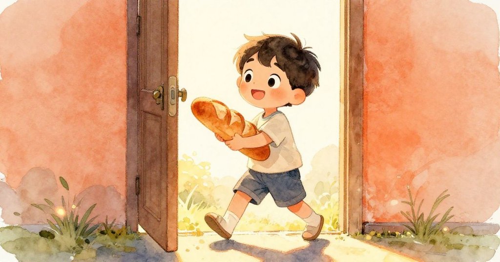 Leo手捧新鮮麵包，迎向明亮未來，滿懷希望走出廚房門口，溫暖馨香充滿回憶與期待。