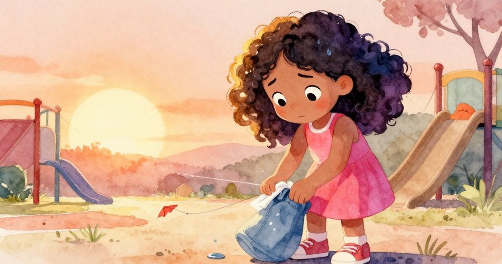 在陽光灑落的遊樂場中，Maya神情擔憂地凝視著輕觸水坑的風箏尾，邊用濕布輕拭牛仔褲，情緒細膩動人。