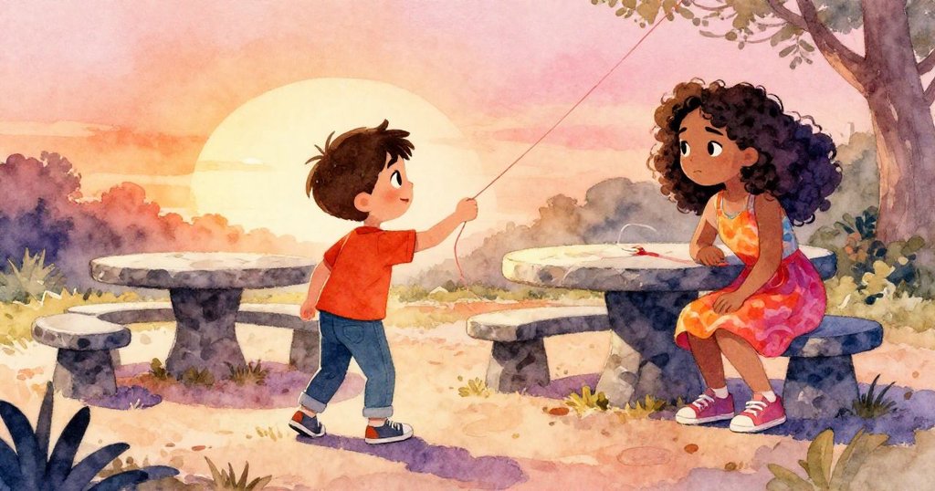 從背後視角看，Leo穩健地站在石桌上將風箏線遞給蹲下專注處理的Maya，背景中的長椅與陽光映襯出合作與信任。