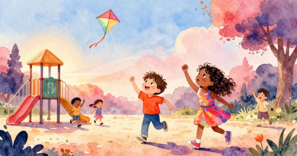 風箏高翔在蔚藍天空中，Leo、Maya與同學們熱情歡呼，整個遊樂場充滿成功喜悅與陽光活力。