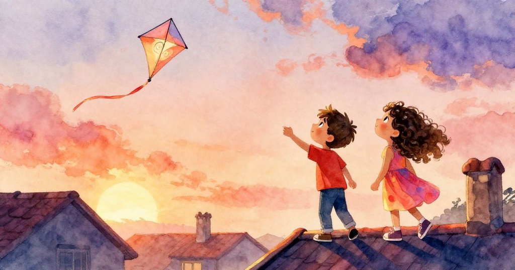 風箏在屋頂上空展露螺旋圖案，Leo與Maya仰望自由藍天，沉浸於發現與啟迪的溫暖瞬間。