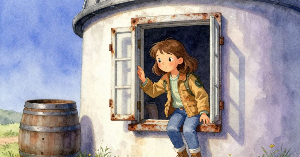 諾拉小心推開銹跡斑斑的狹窄服務窗，旁有老雨桶，她專注進入充滿歷史氣息的觀測所。