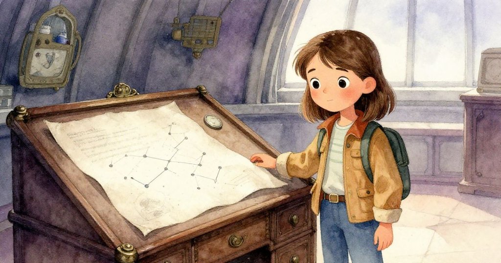 諾拉在觀測所內發現古老聲明和星座圖，站在老桌旁驚訝觀察，燈光柔和映出陳舊歷史感。