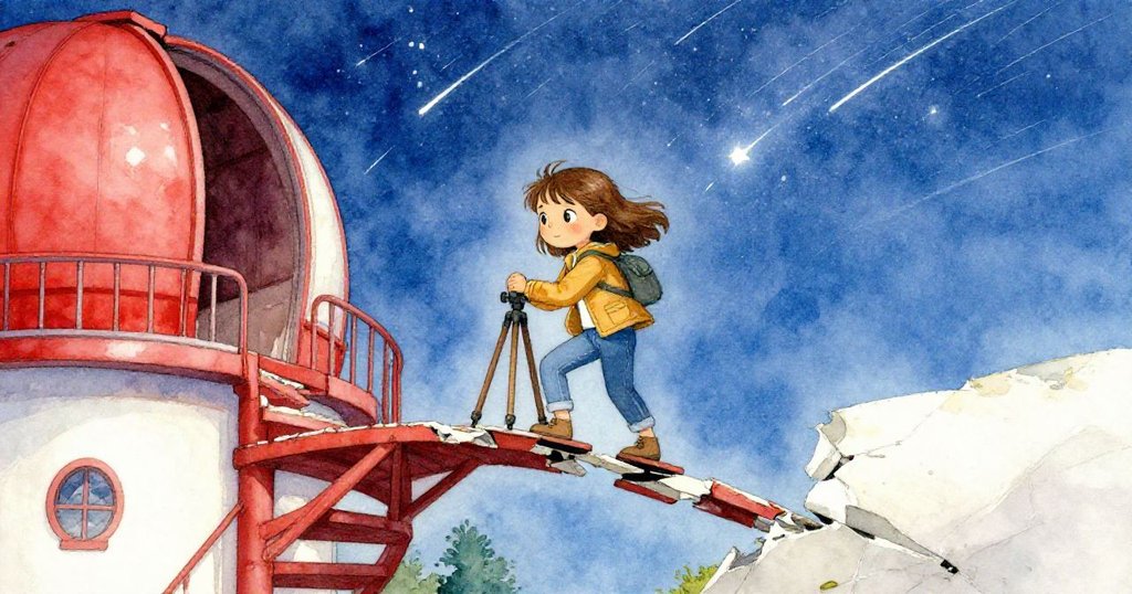 諾拉在破損的螺旋樓梯上勇敢跨步，拖著三腳架彌補缺口，流星劃過夜空，她眼神堅定激動。