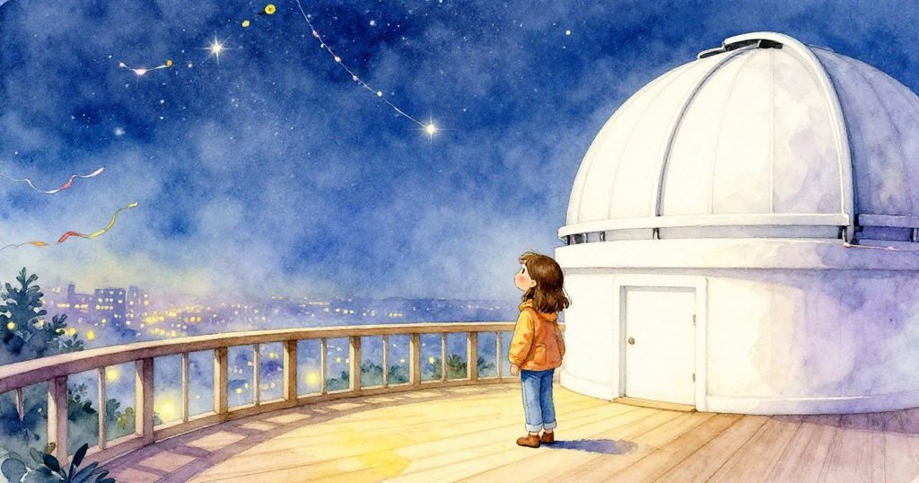 諾拉站在敞開圓頂的木甲板上，眺望璀璨星空與閃爍城燈，彩帶飄落，她滿懷喜悅與寧靜。