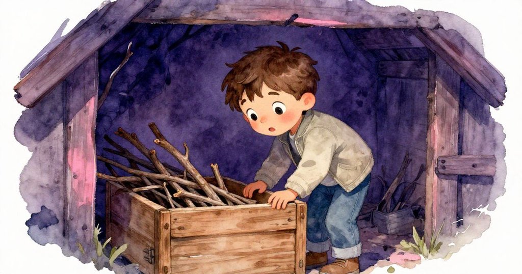 樂奧俯身打開儲物箱，裡面堆滿潮濕樹枝，空曠的背景突顯他的好奇與疑惑，展示木屋內部細節。