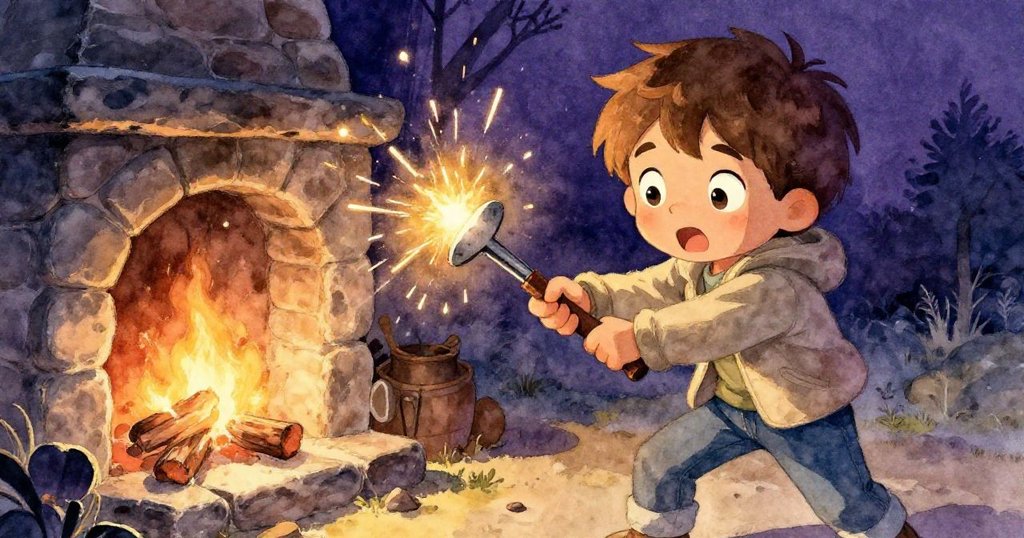 樂奧手持火石擊打火苗，火花在石爐上亂飛，他目光堅定，臉上映出努力與挫敗的情緒，環境充滿暗色調。